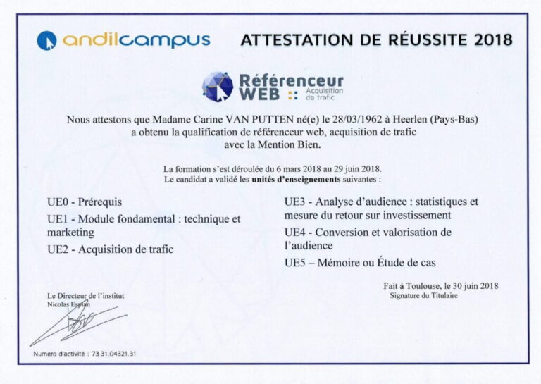 attestation de reussite referenceur web acquisition de trafic